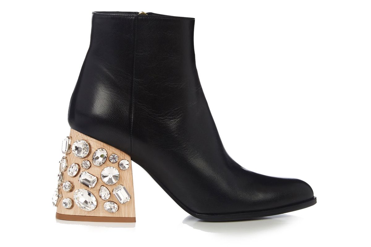 Crystal-Embellished Block-Heel Leather Ankle Boots