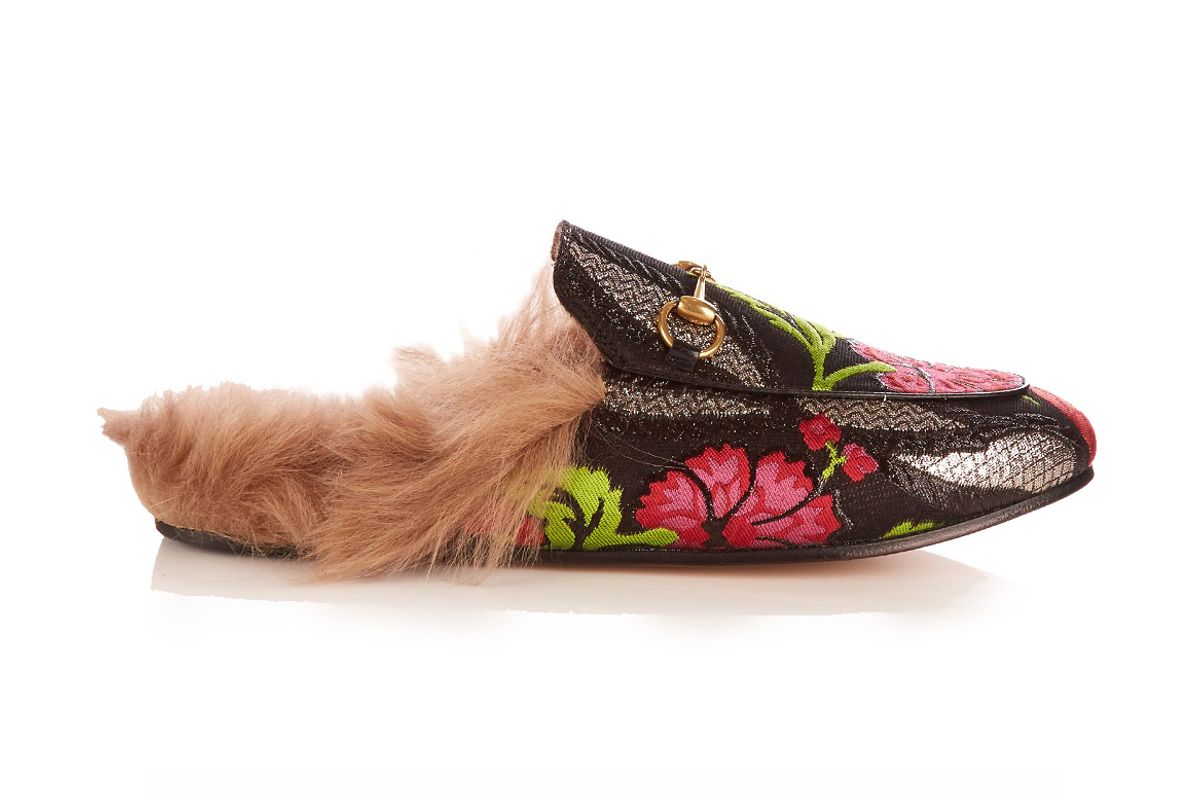 Princetown Fur-Lined Backless Jacquard Loafers
