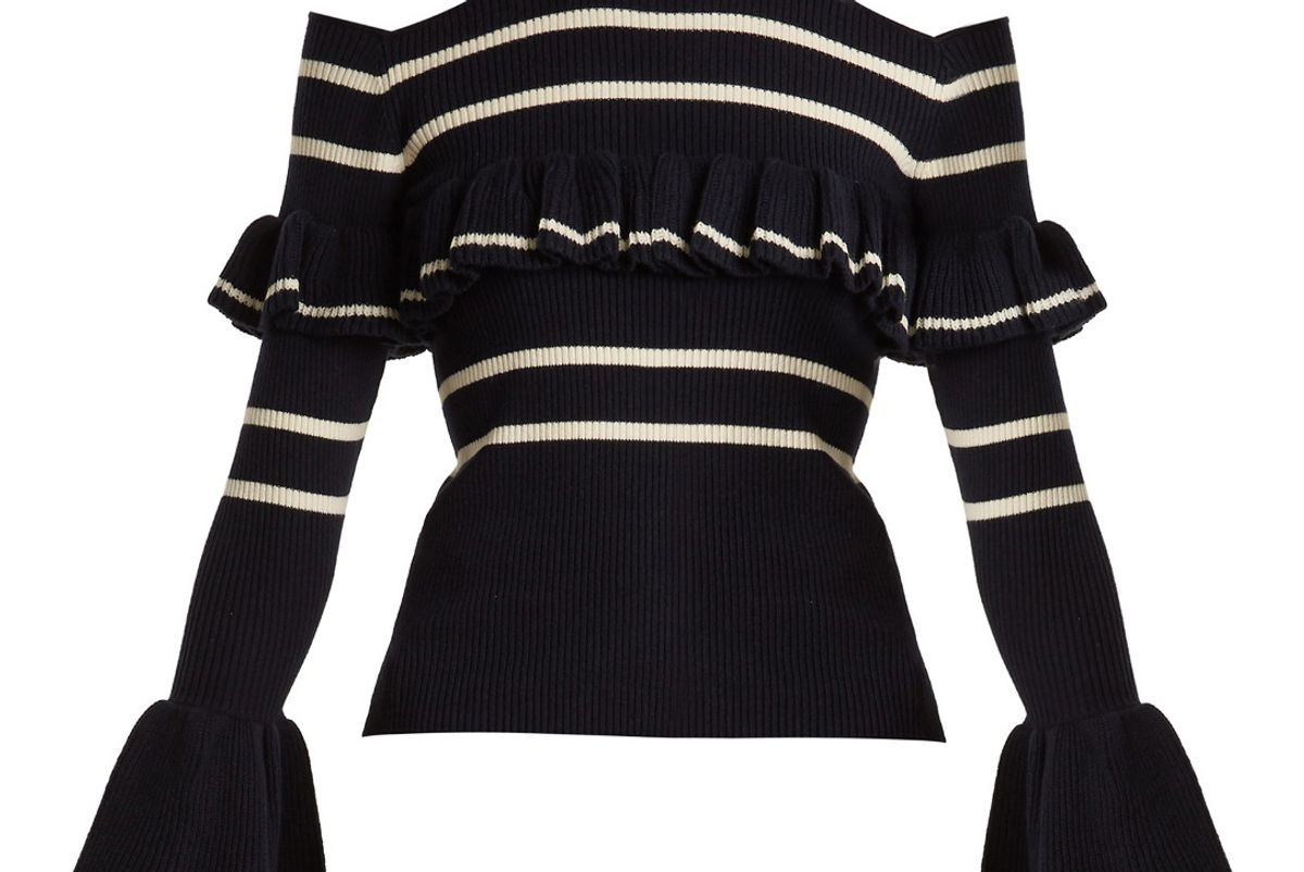 Ruffle-Trimmed Ribbed-Knit Cotton-Blend Sweater