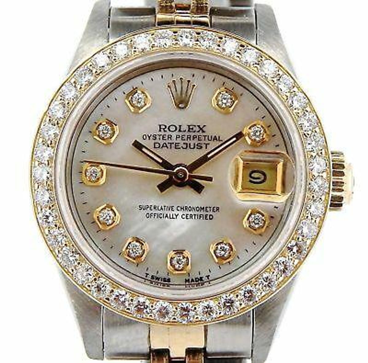 Datejust Ladies Yellow Gold & Steel Watch MOP Diamond Dial 1ct Bezel 69173