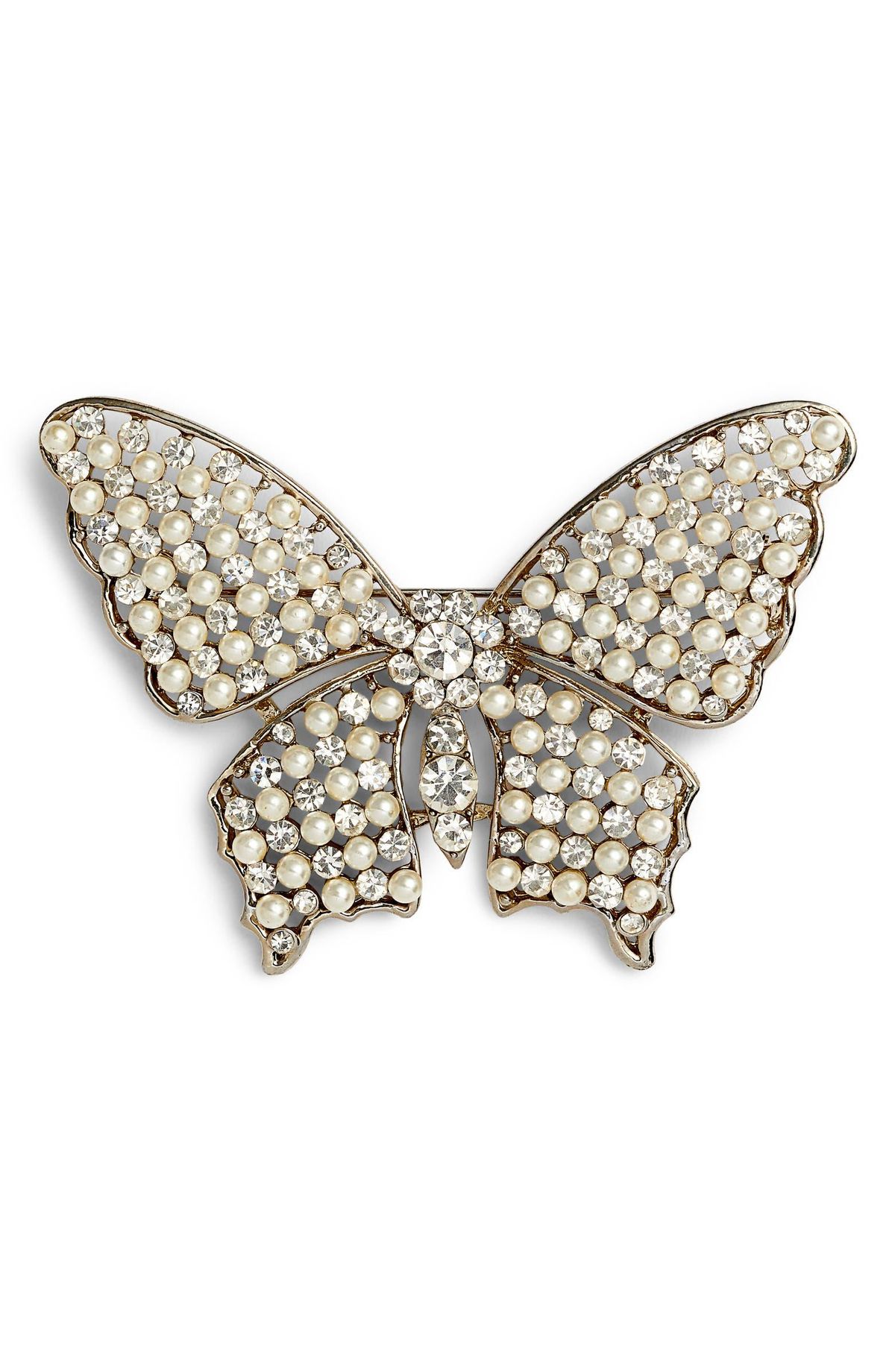 Faux Pearl and Crystal Butterfly Brooch
