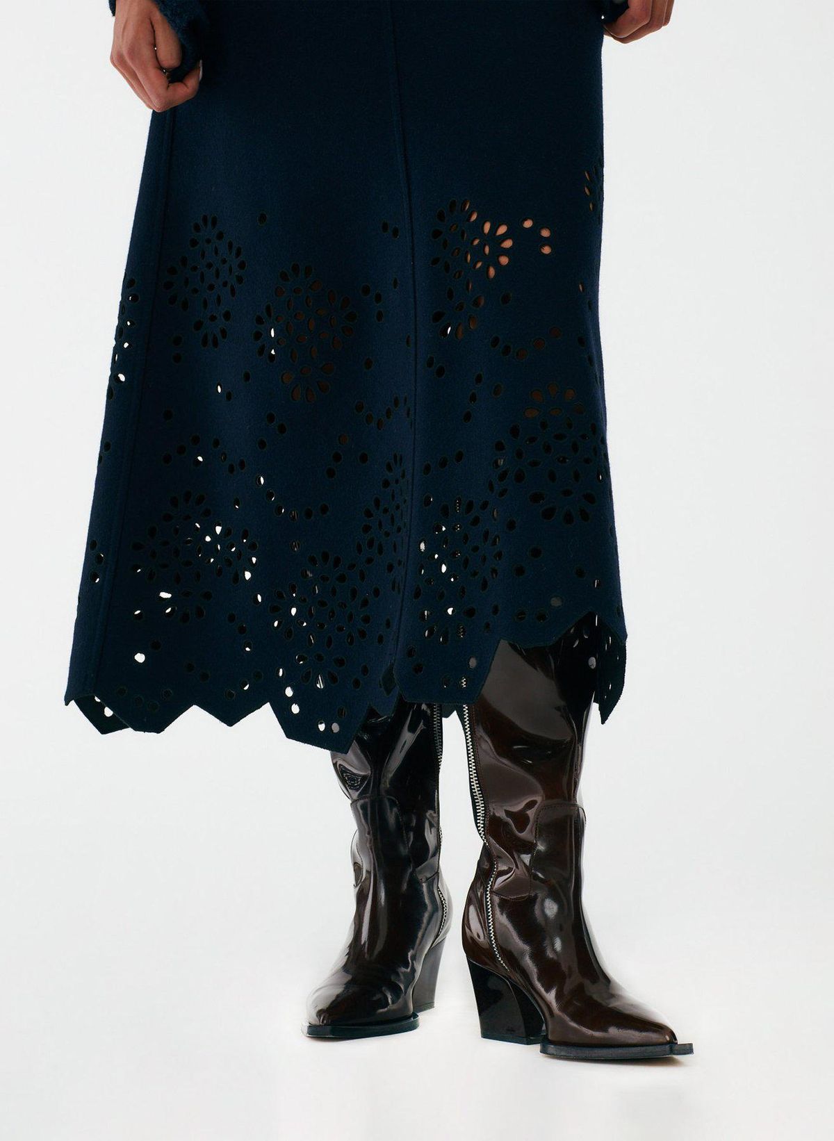Eyelet Embroidery Felted Wool Maxi Skirt
