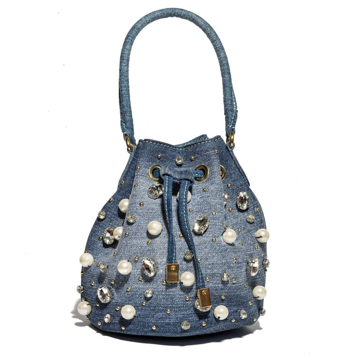 Stone Washed Denim Lucy Embellished Bucket Bag
