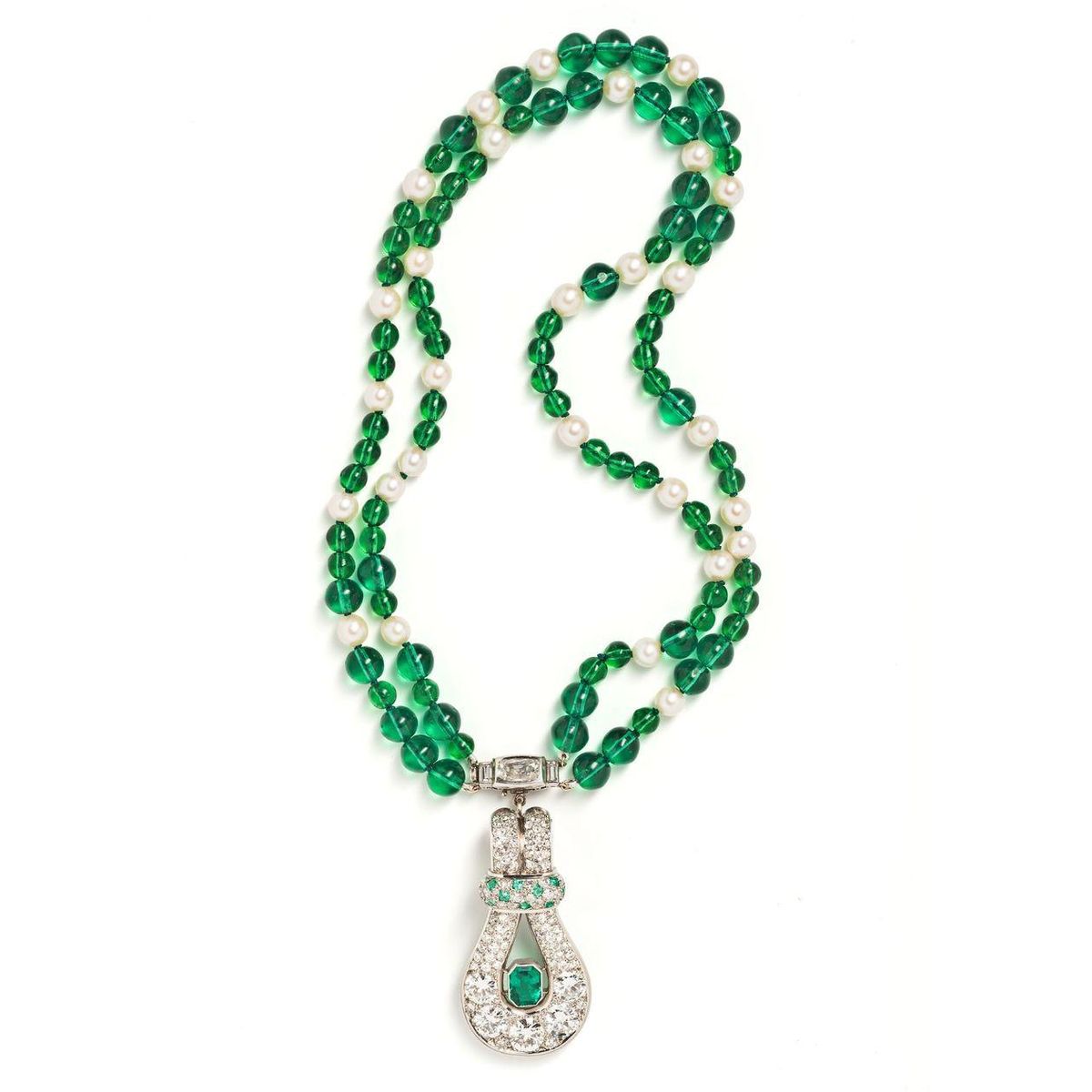 Convertible Platinum Emerald and Diamond Pendant Necklace
