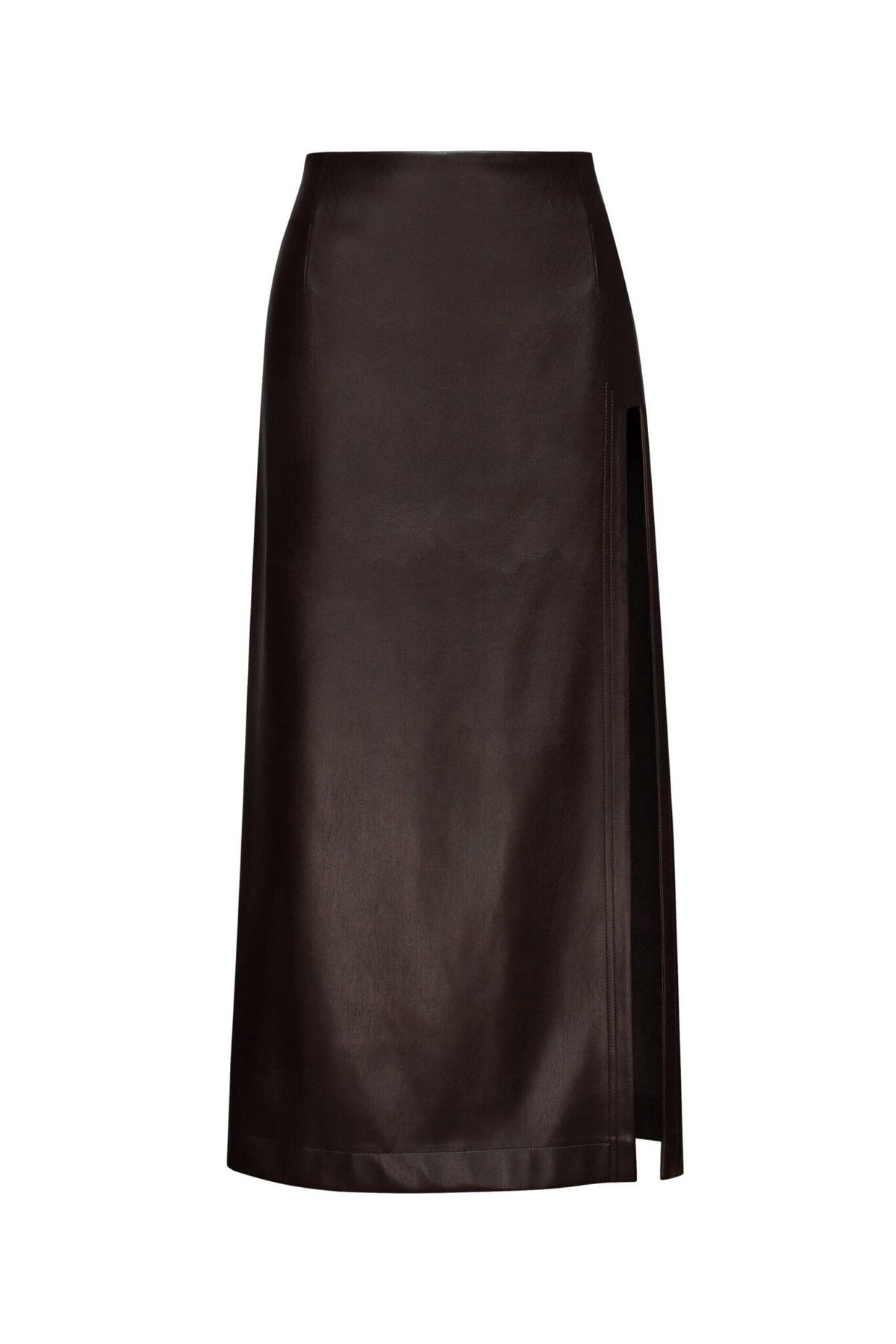 Brown Eco-Leather Side Slit Skirt