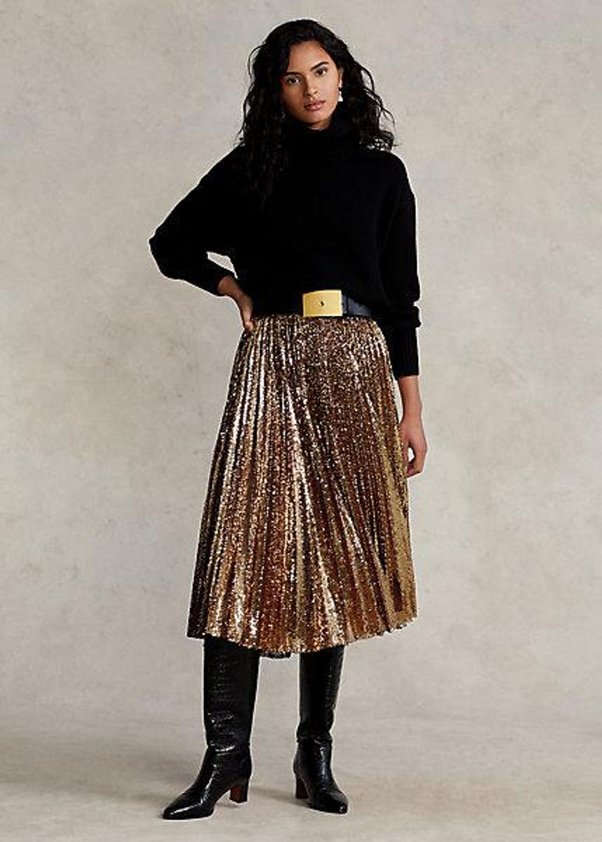 Pleated Sequined Midi Skirt