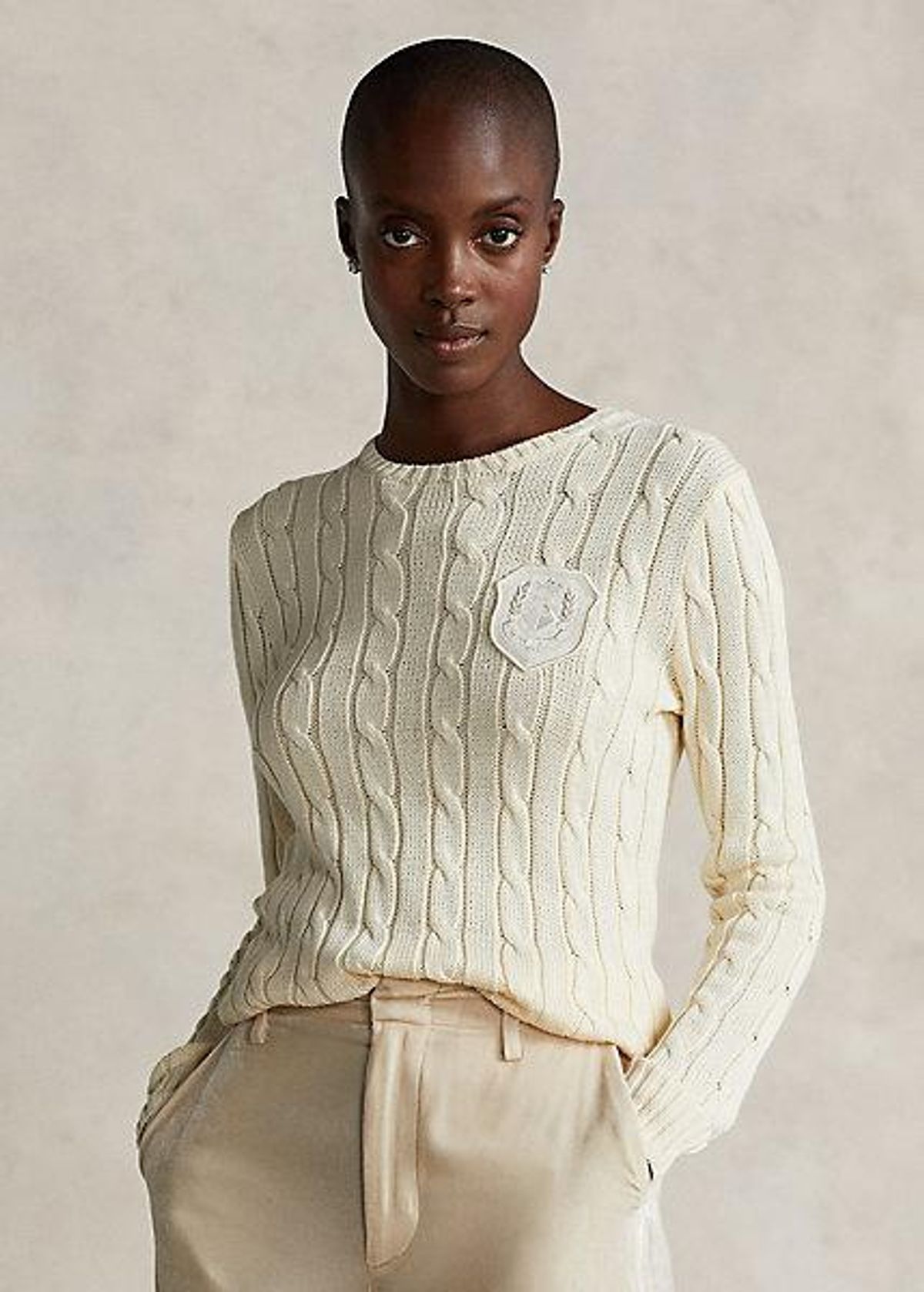 Cable-Knit Crest Patch Cotton Sweater