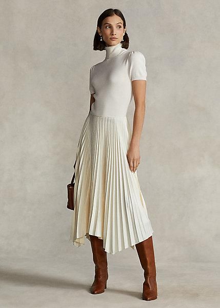 Wool-Silk Puff-Sleeve Turtleneck Dress
