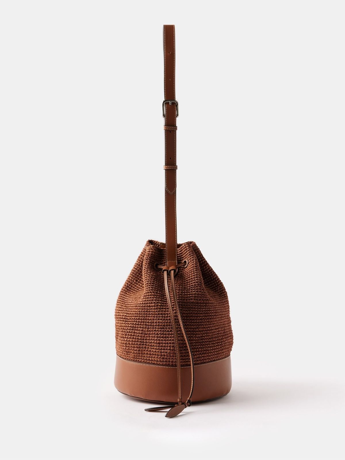 Platano Woven Palm Leather Trimmed Bucket Bag