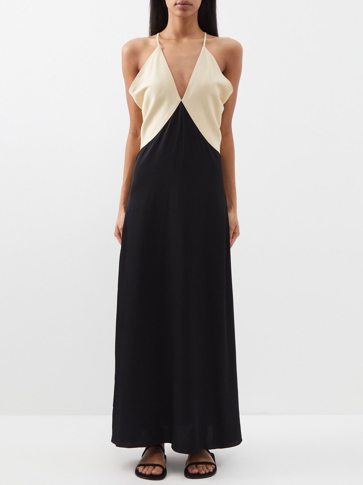 Panelled V-neck Twill Maxi Dress