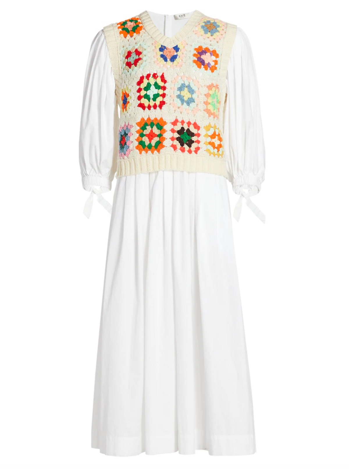 Crochet Combo Puff Sleeve Midi Dress