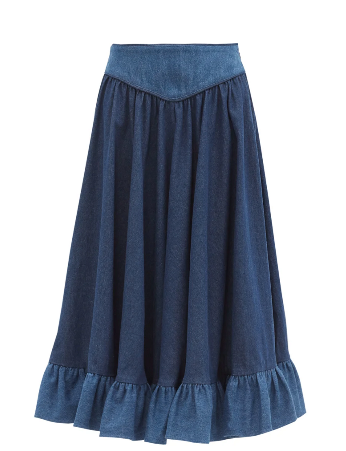 High-rise Ruffled Denim Midi Skirt