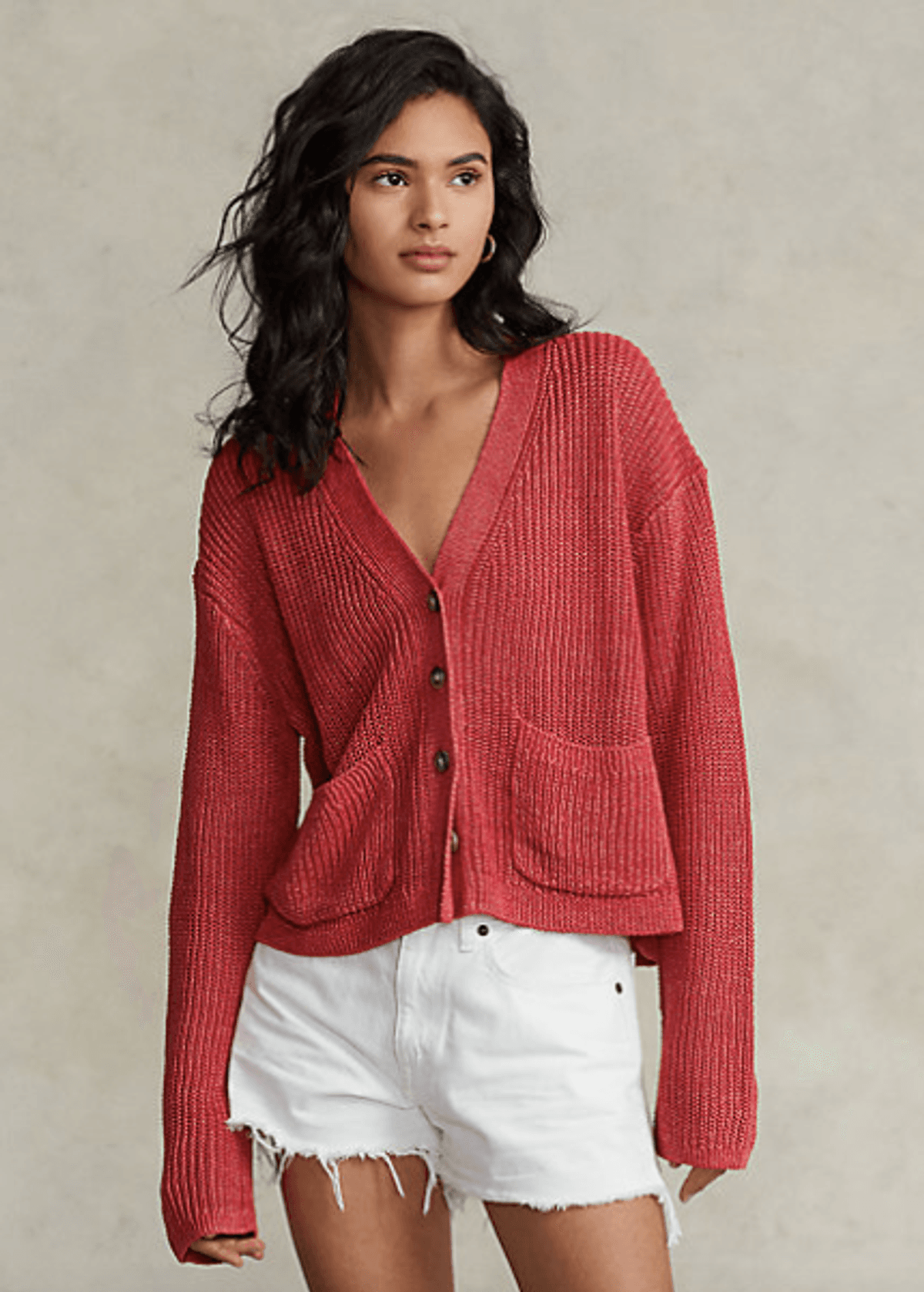Rib-Knit Linen V-Neck Cardigan