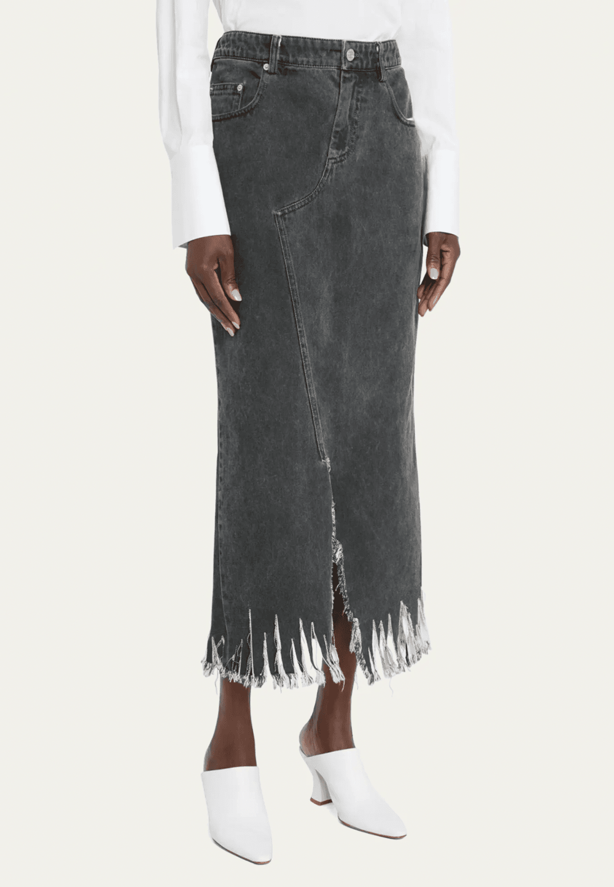 Distressed Side-slit Midi Denim Skirt