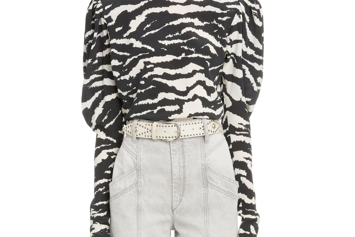 isabel marant zebra print puff sleeve stretch silk blouse