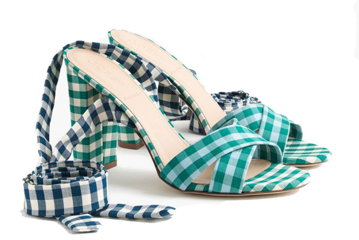 Mixed Gingham Ankle Wrap Sandals