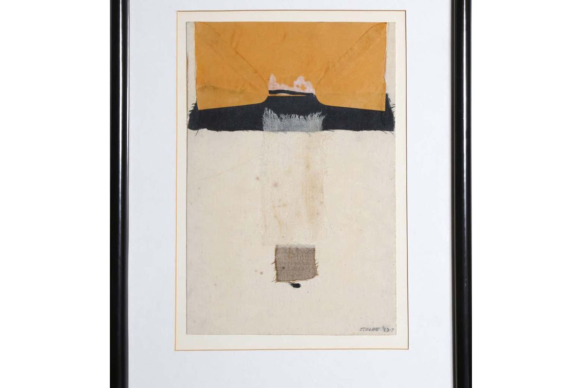 jean olds reaching mixed media collage with fabric 1983