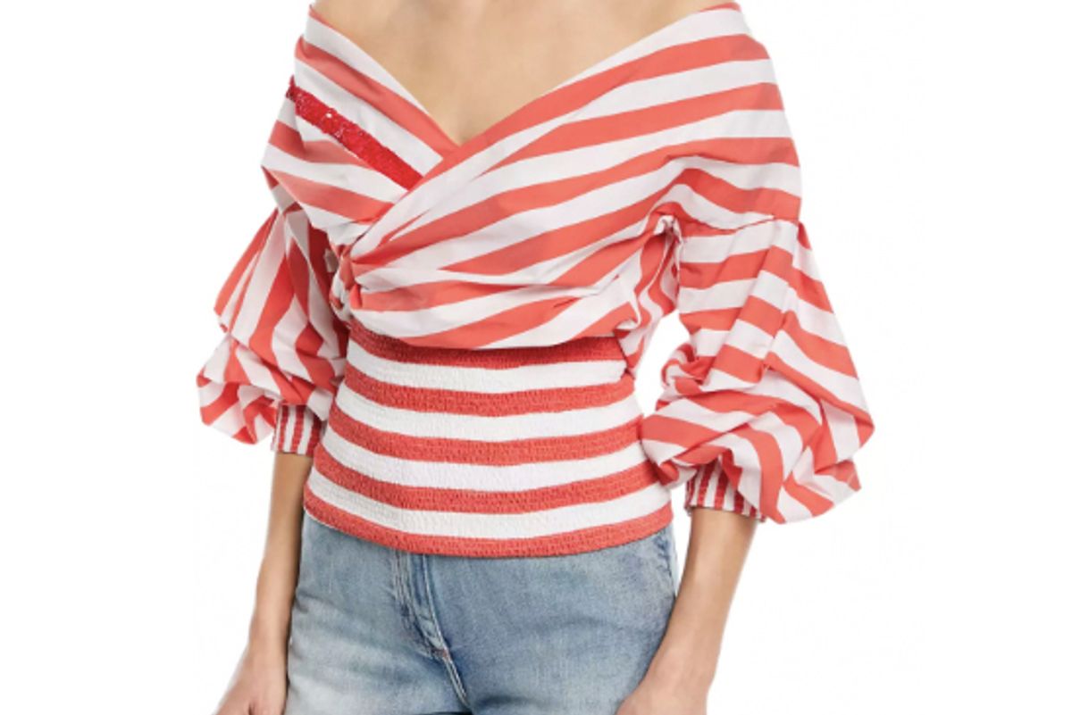 johanna ortiz zanzibar off the shoulder wrap striped poplin top