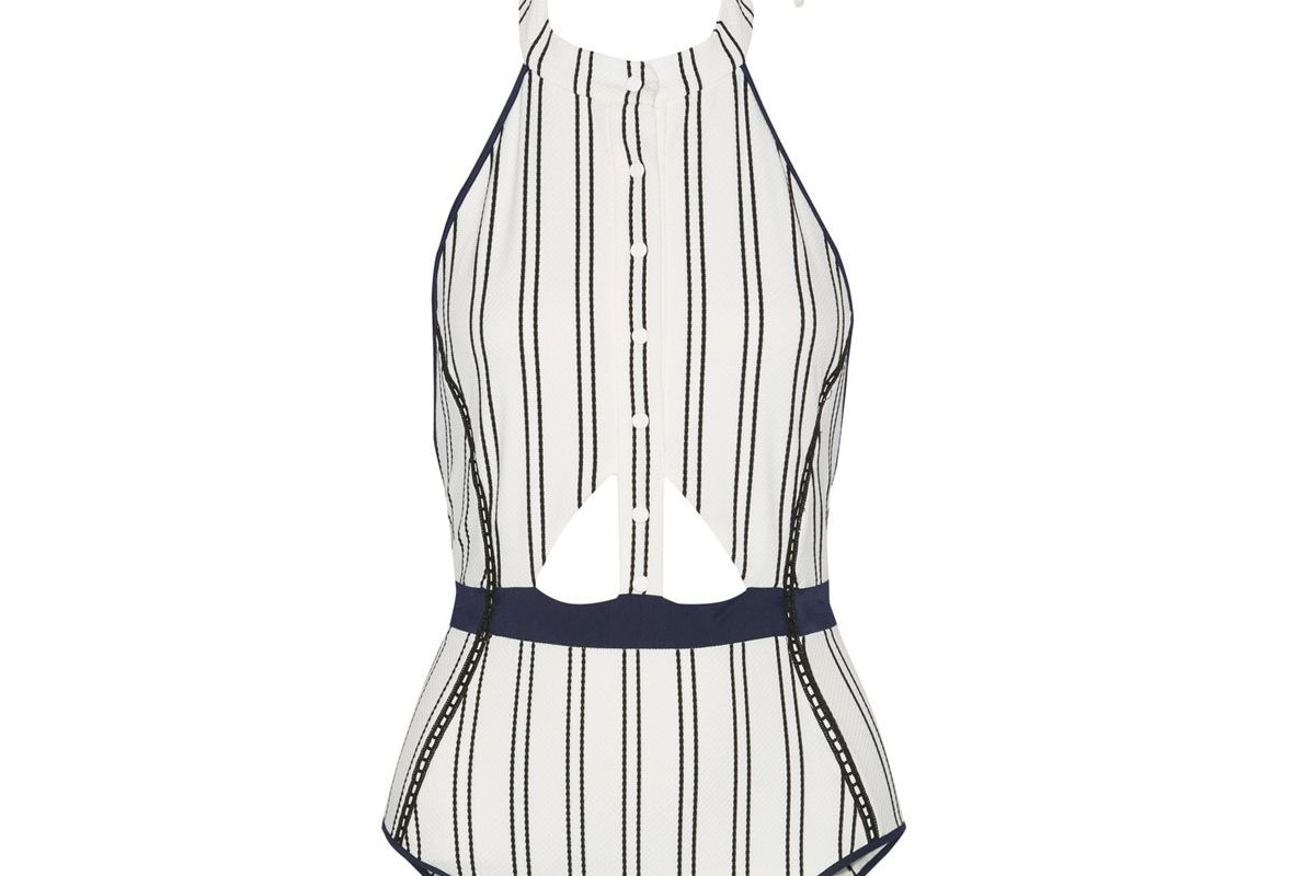 Cutout Striped Bonded Jersey Halterneck Swimsuit