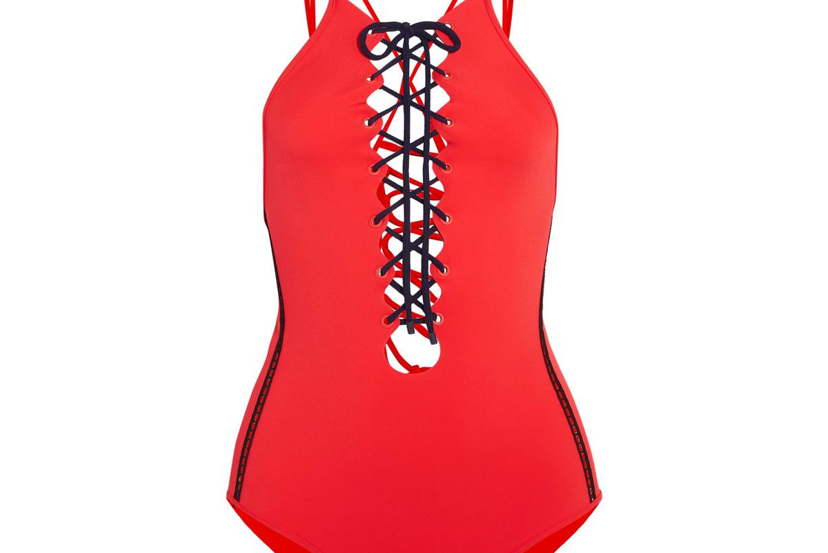 Mesh-Trimmed Lace-Up Swimsuit