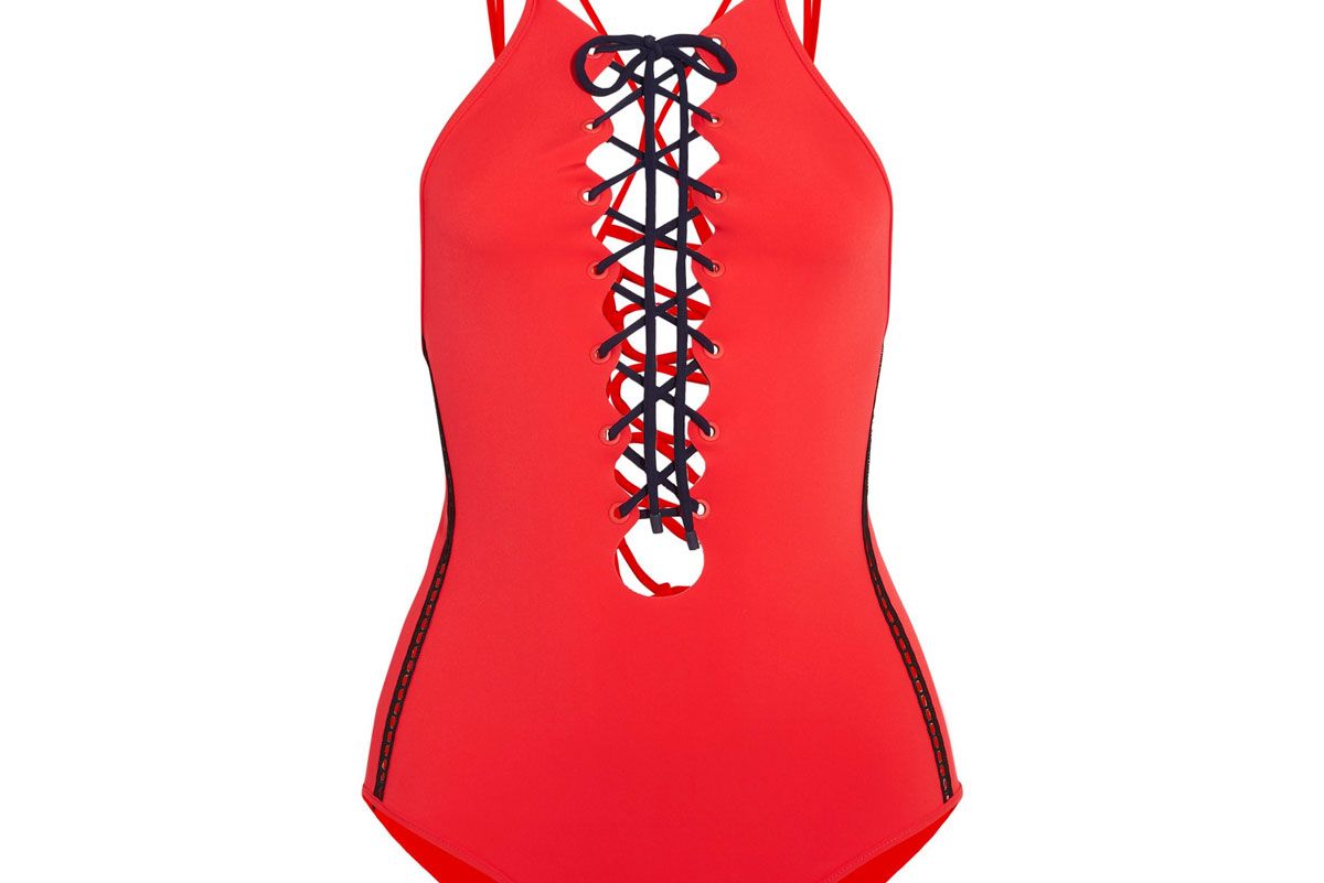 Mesh-Trimmed Lace-Up Swimsuit