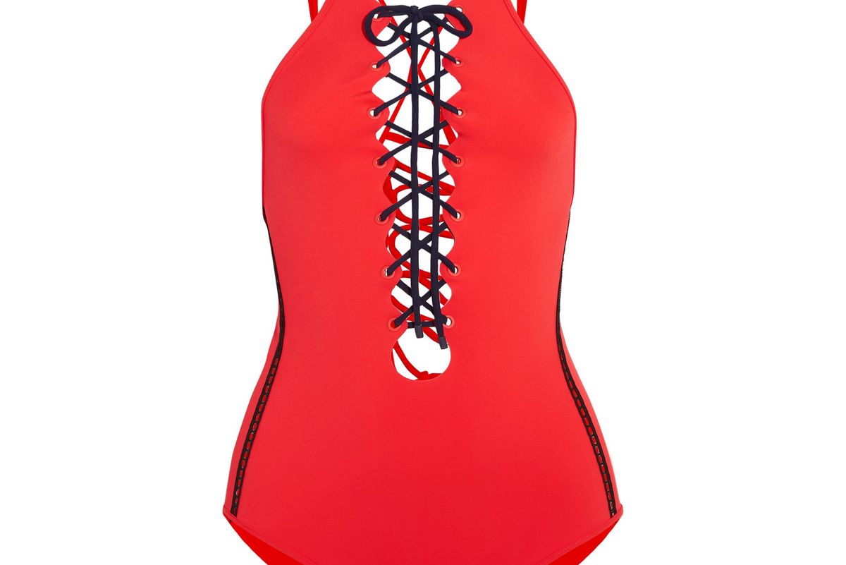 Mesh-Trimmed Lace-Up Swimsuit