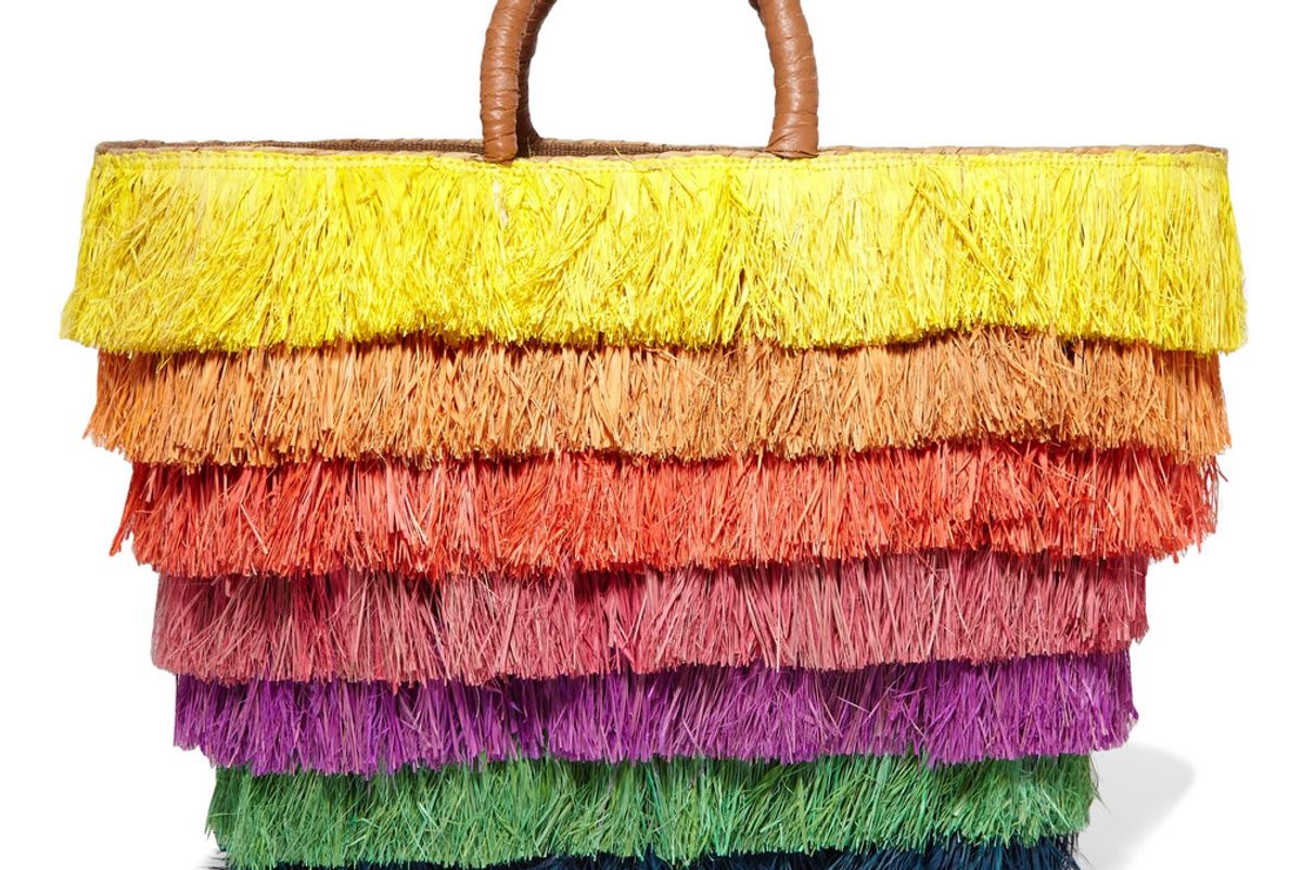 Pinata Leather-Trimmed Fringed Straw Tote