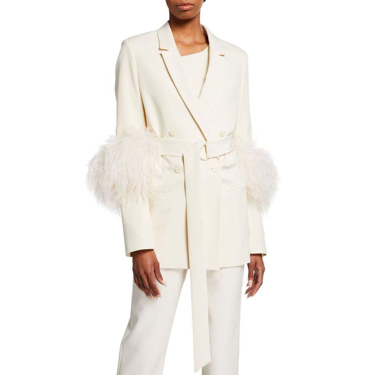 lapointe belted crepe blazer with feather trim