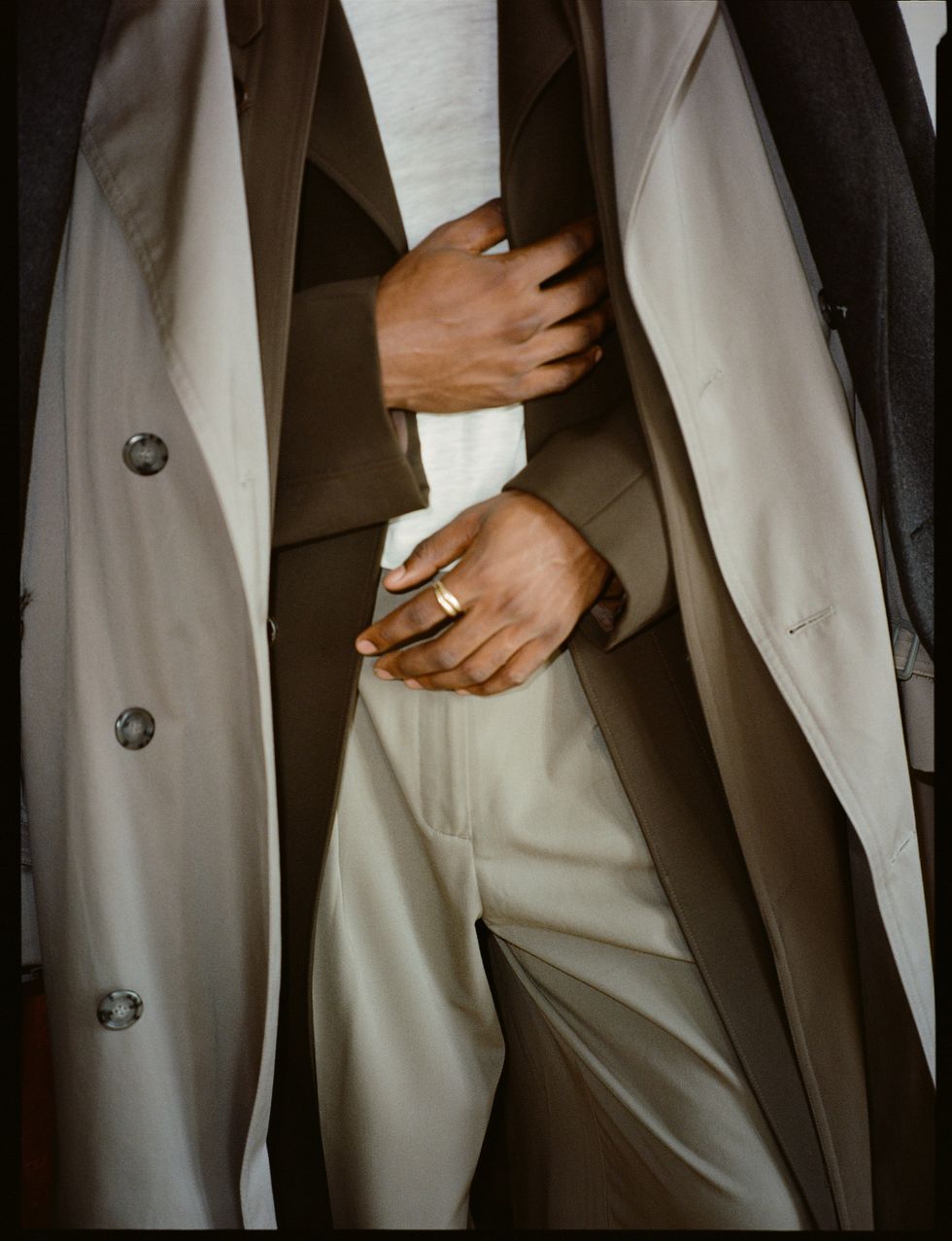 Layers of Trench Coats Worn and Styled by Deon Hinton