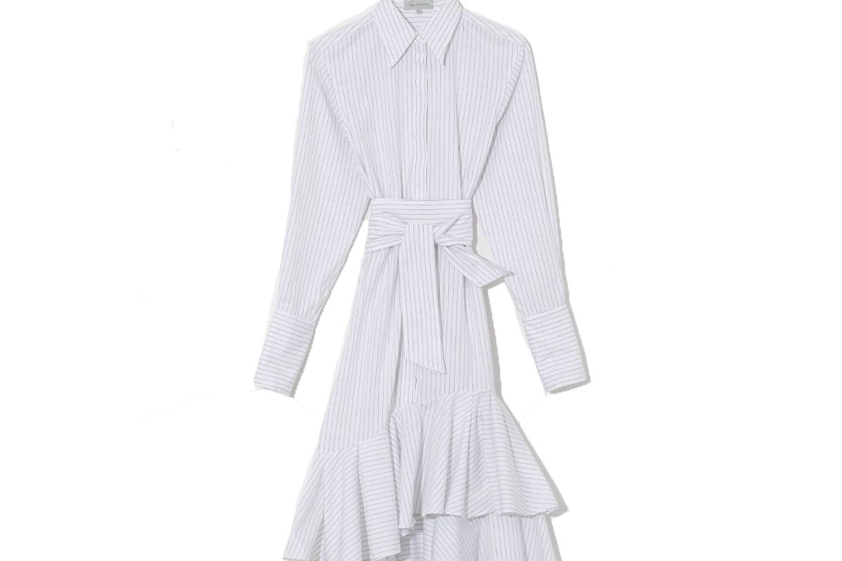 lee mathews natural penny pinstripe flounce dress