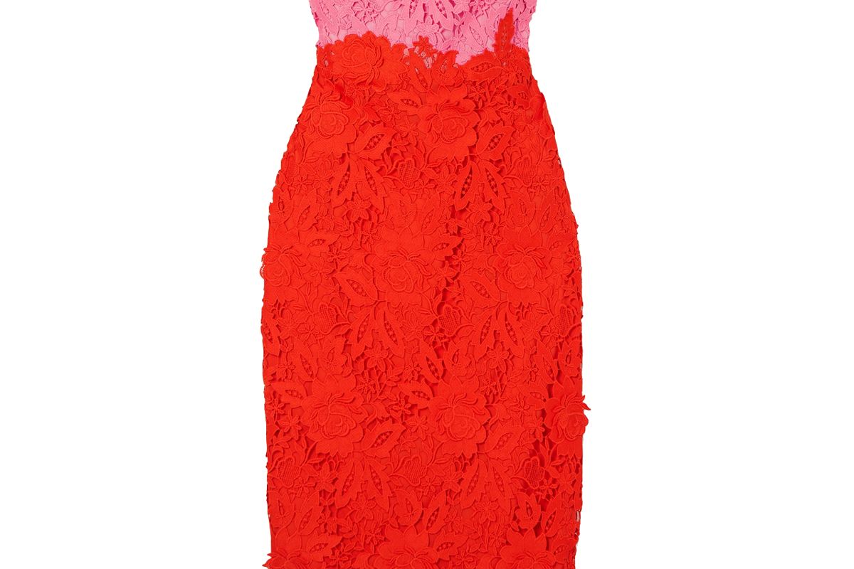 lela rose strapless two tone guipure lace midi dress