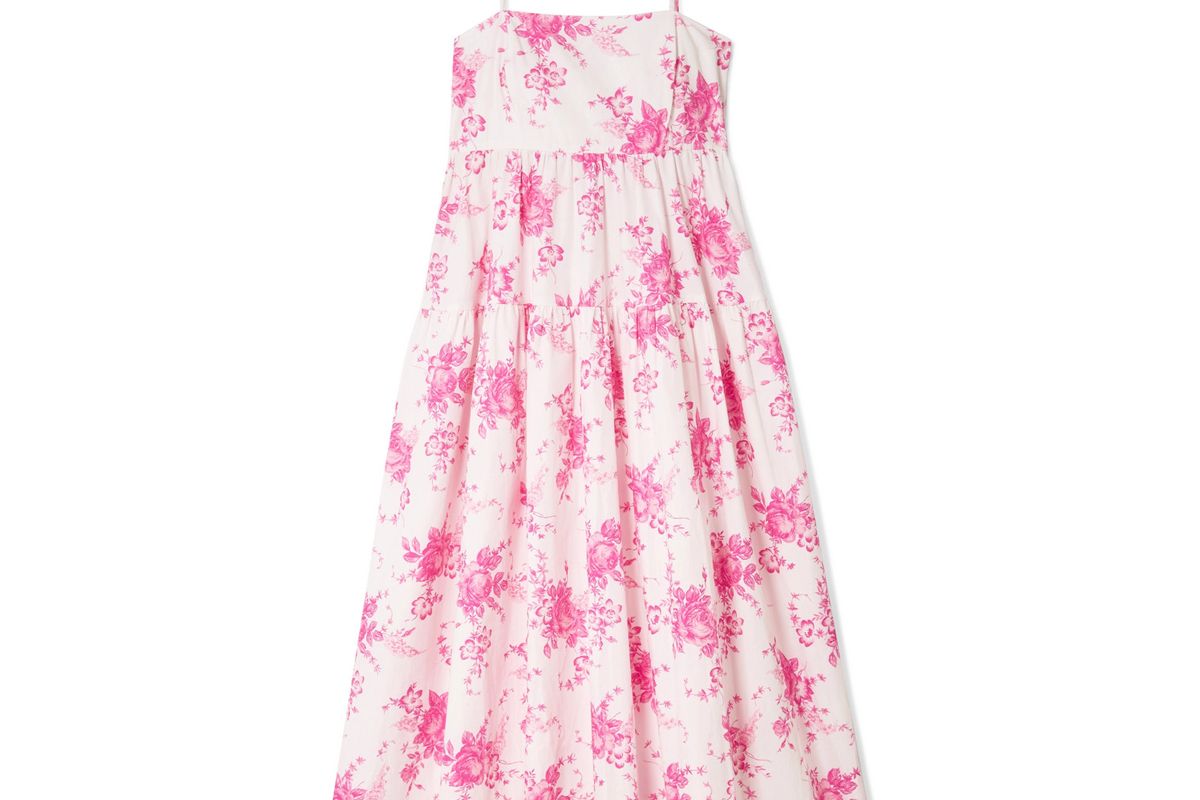 les reveries pleated floral print cotton poplin midi dress