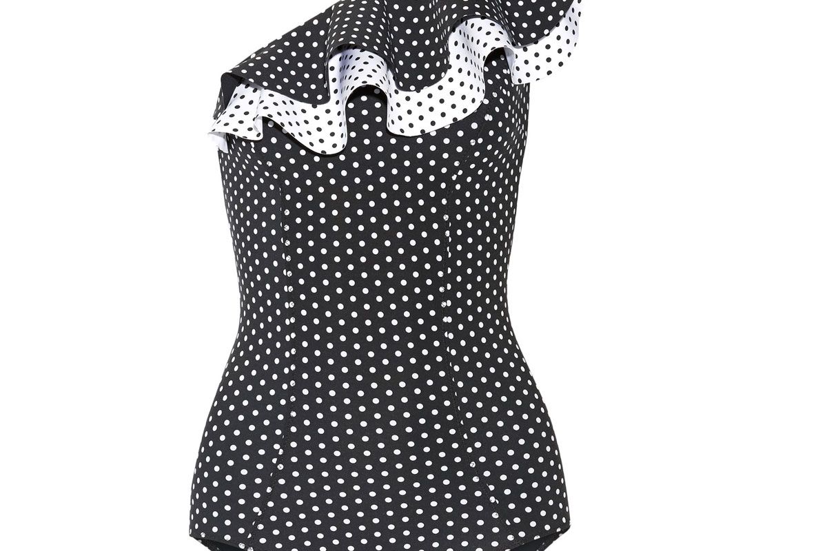 Arden Double Ruffle One-Shoulder Polka-Dot Bonded Swimsuit