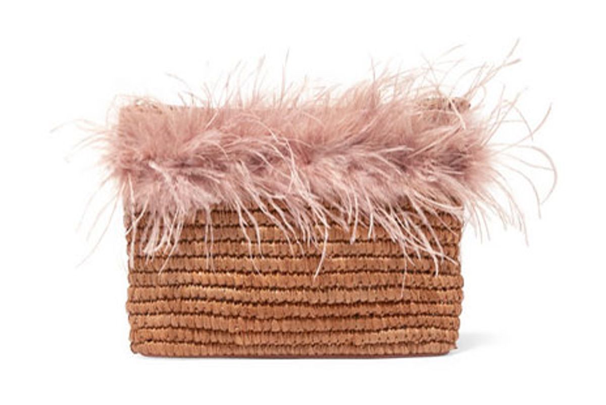 loeffler randall feather-trimmed straw pouch