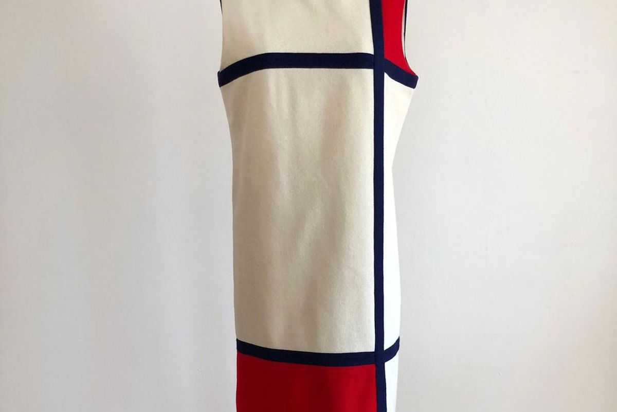logansclothing cream red and blue colorblock pinafore shift dress 1960s