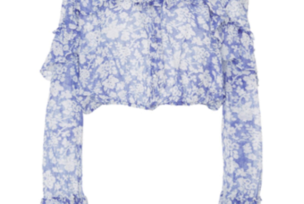 loveshackfancy off the shoulder floral print cotton and silk blend top