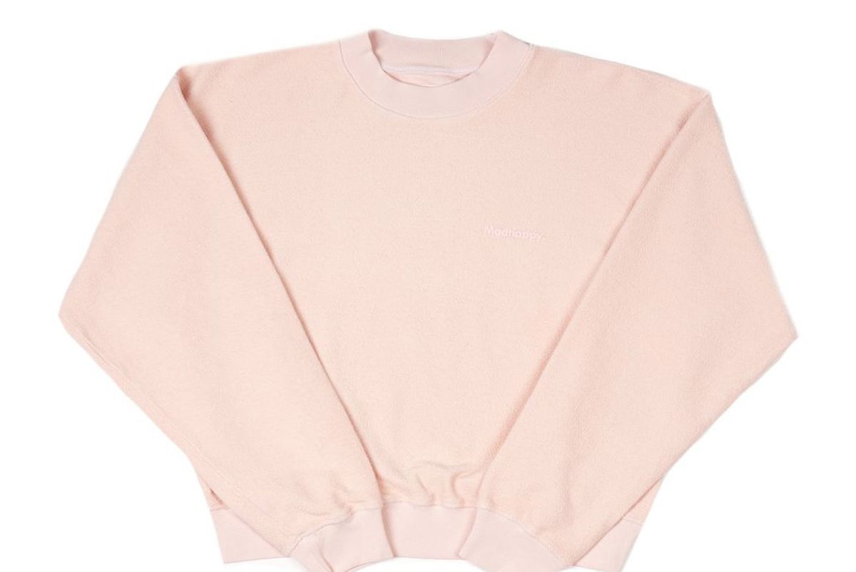 mad happy pink cropped reverse weave crewneck