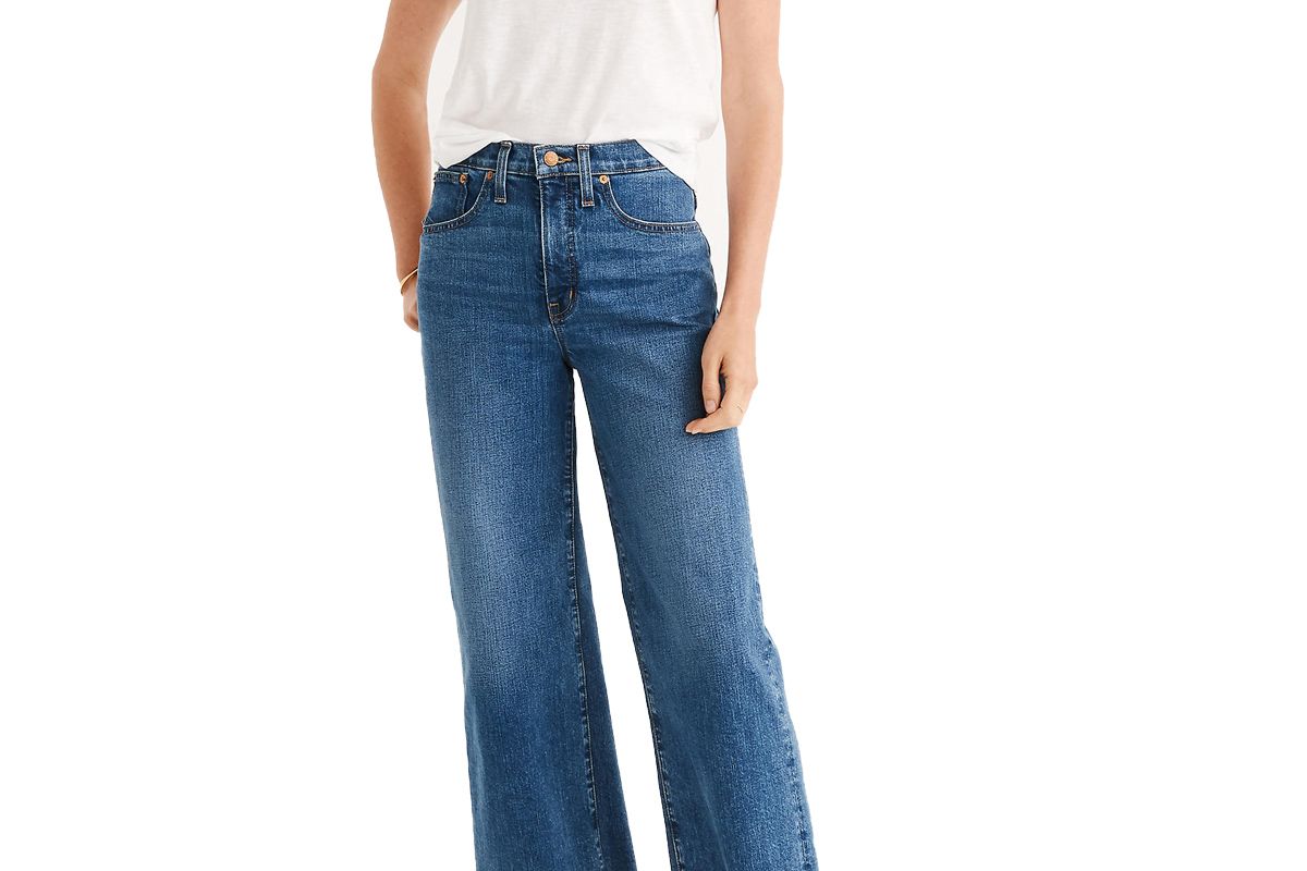 madewell petite slim wide leg jeans in crownridge wash raw hem edition