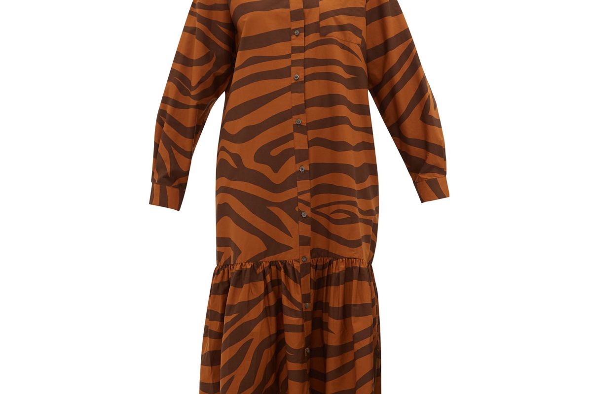 mara hoffman freda tiger print ruffle hem cotton maxi dress