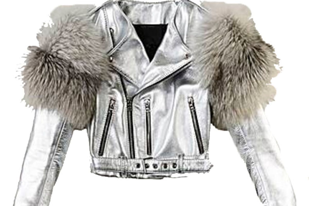 Metallic Moto Leather Jacket With Fur Sleeves