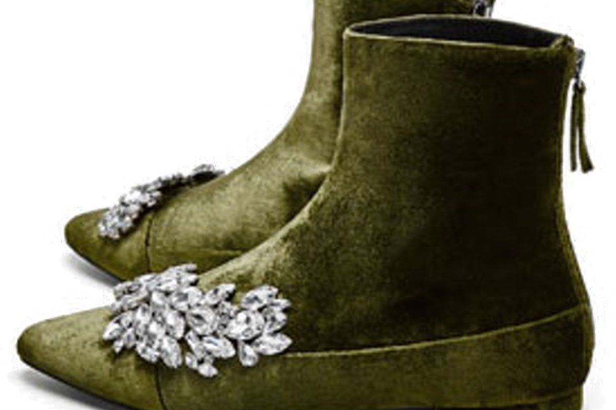 Flat Velvet Ankle Boots With Gem Detail