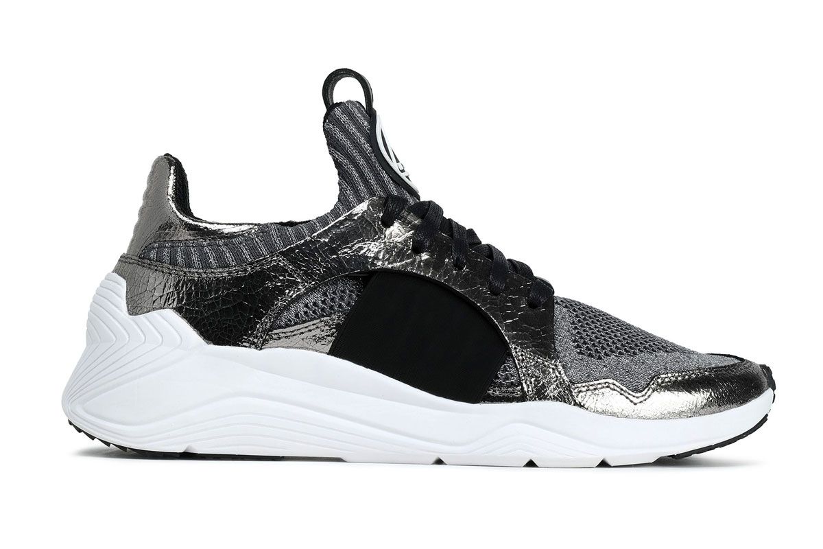mcq alexander mcqueen metallic cracked leather trimmed stretch knit sneakers