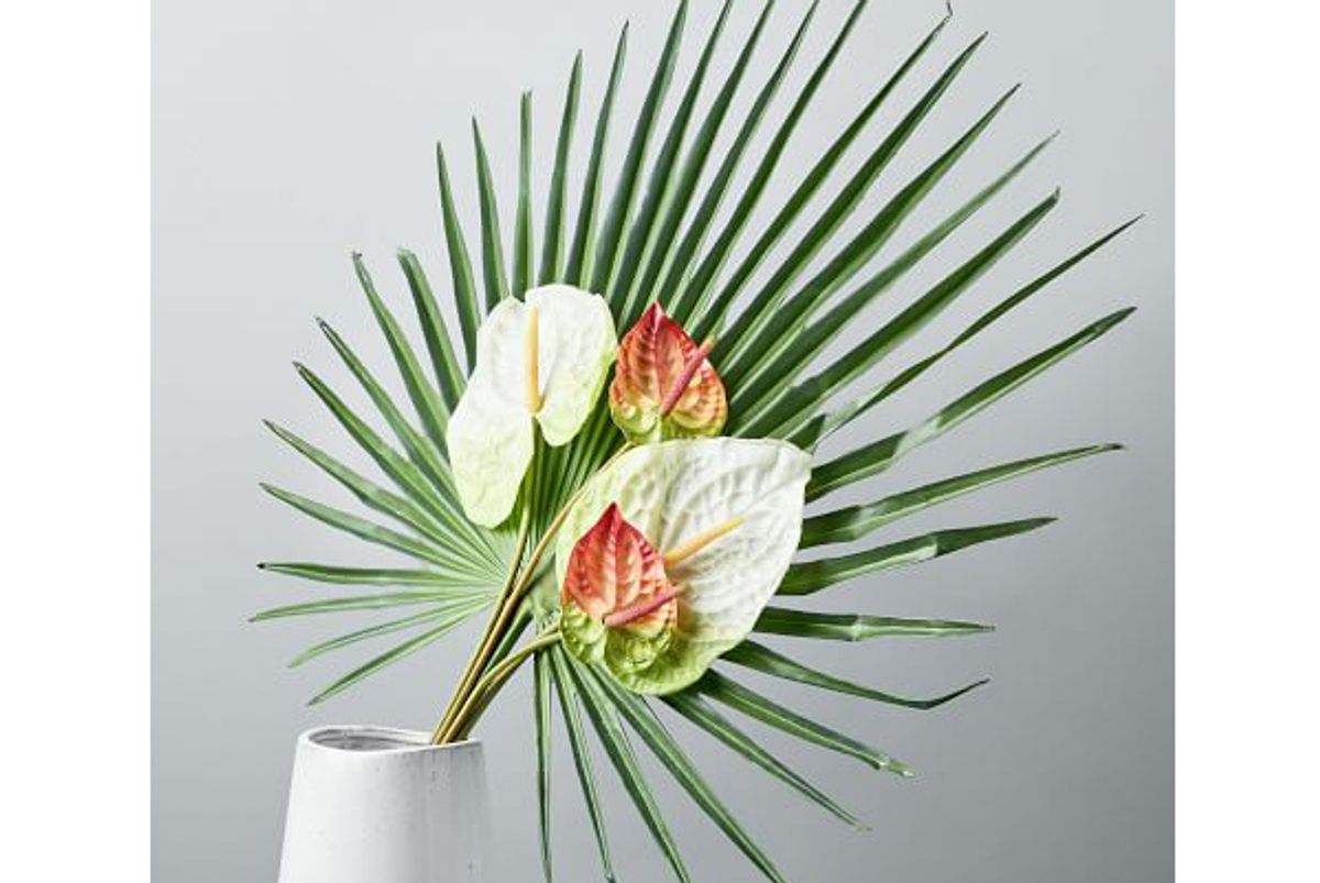 metaflora faux fan palm and anthurium bouquet