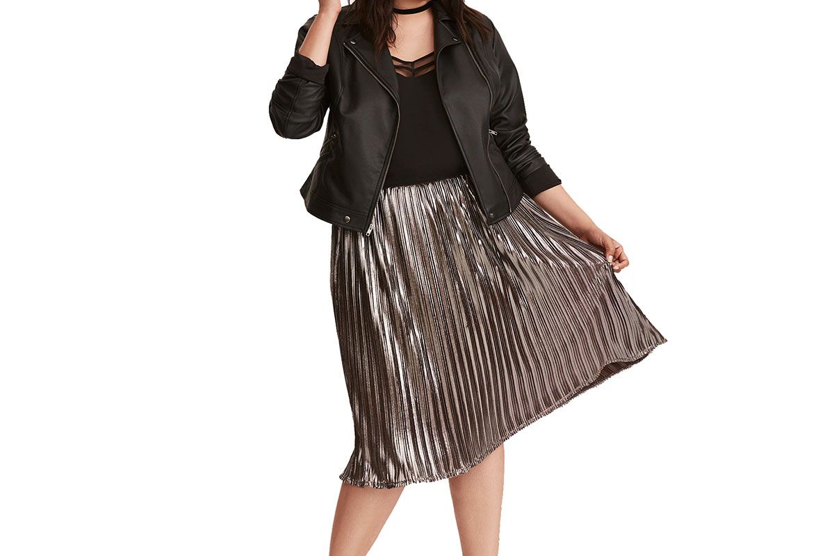 Metallic Pleated Midi Skirt