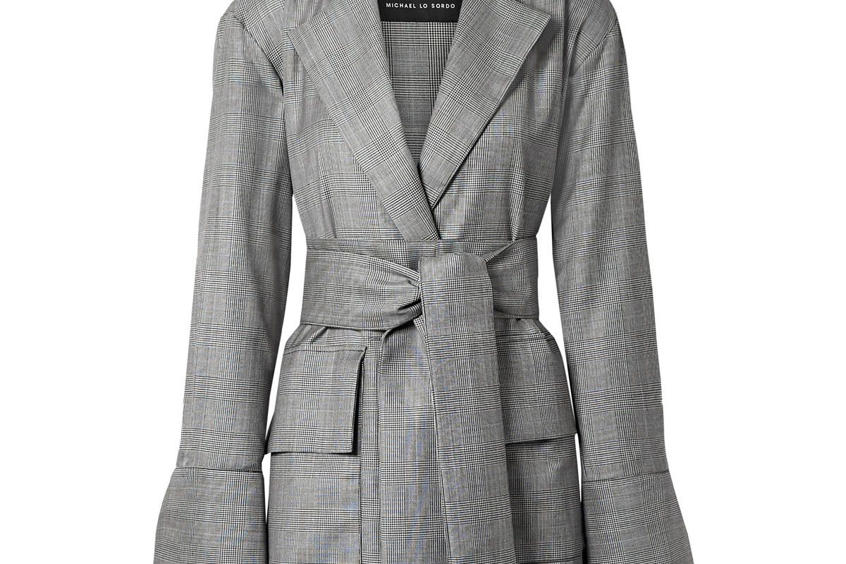michael lo sordo belted prince of wales checked wool blazer