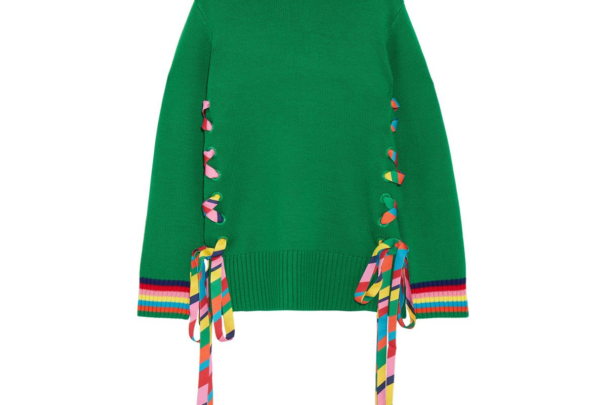 Lace-Up Grosgrain-Trimmed Merino Wool Sweater