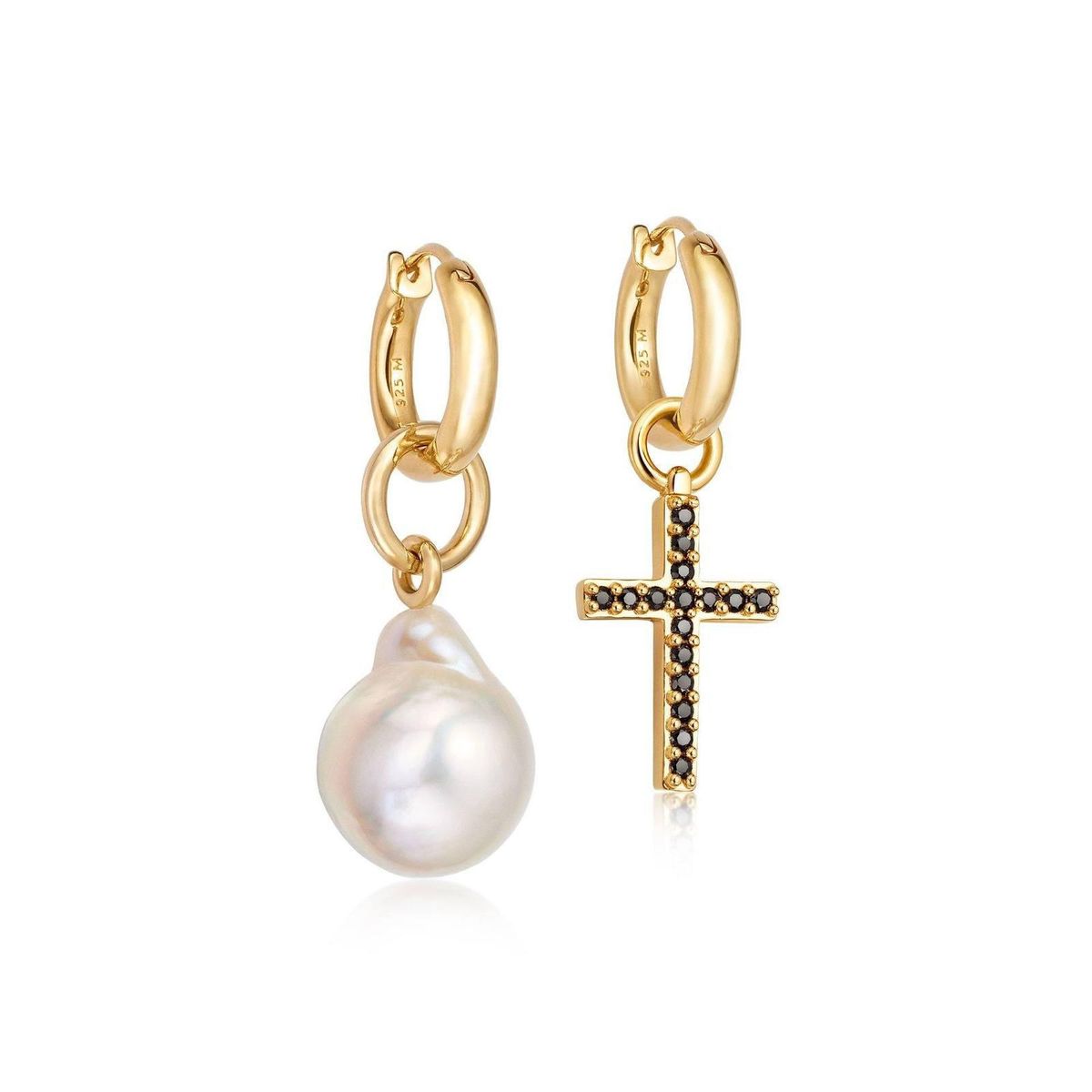 missoma baroque pearl and pave cross hoop earrings