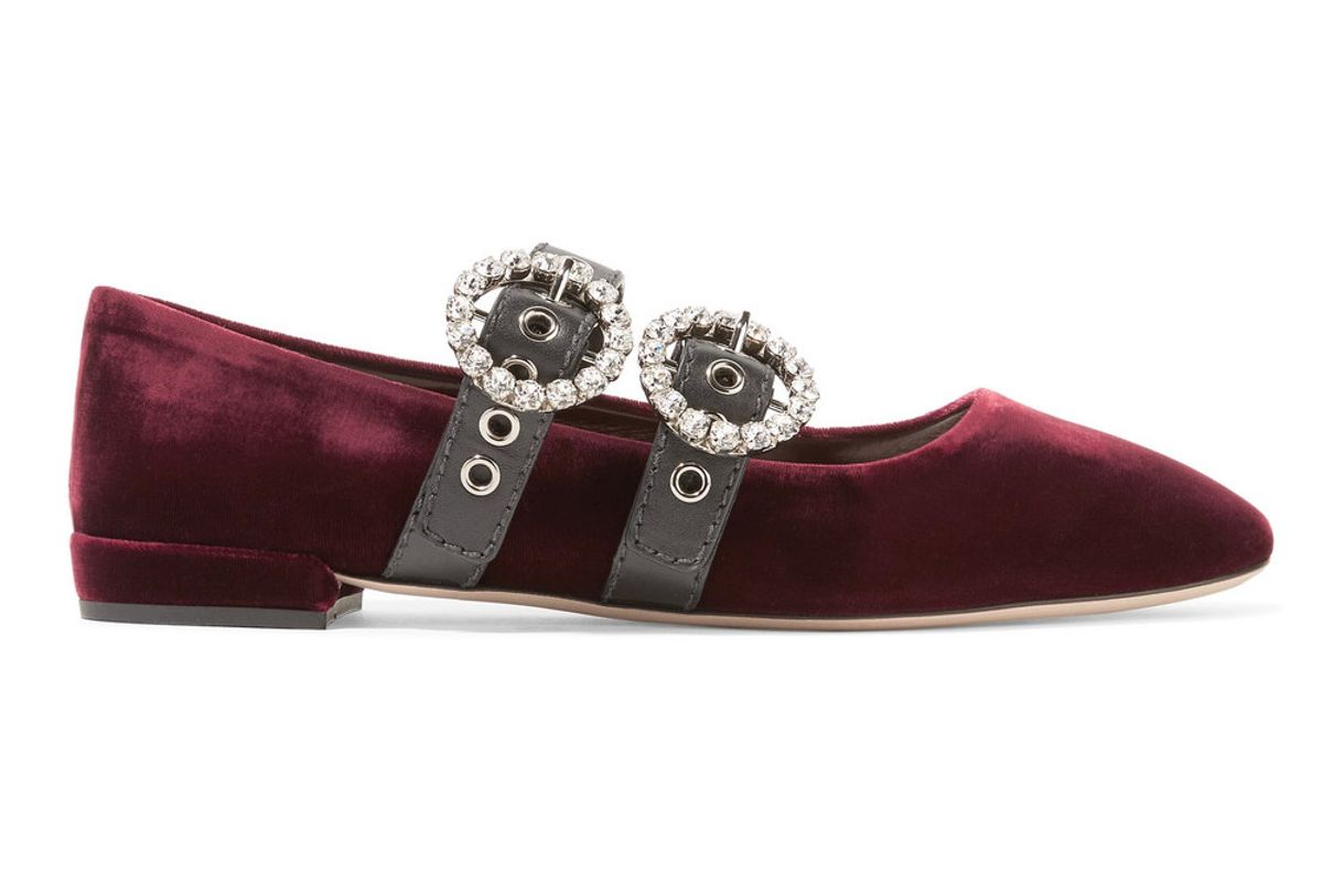 Crystal Embellished Leather-Trimmed Velvet Ballet Flats