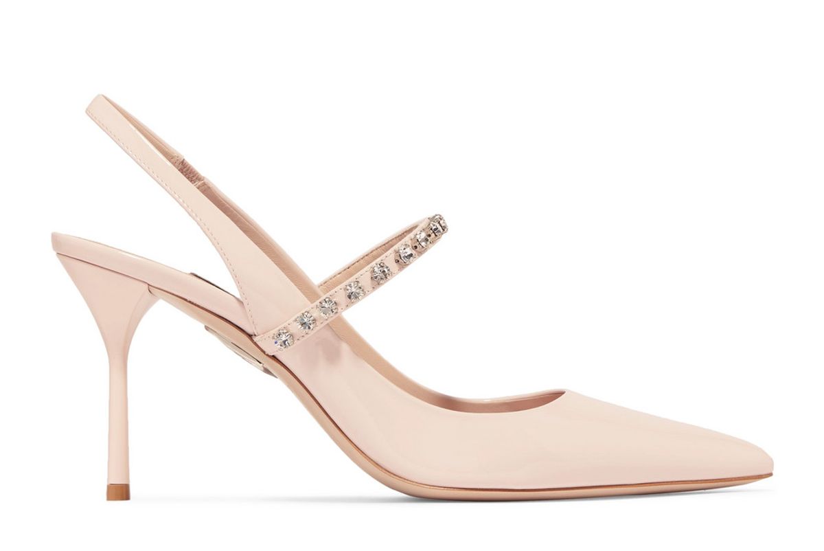 miu miu crystal embellished patent leather slingback pumps