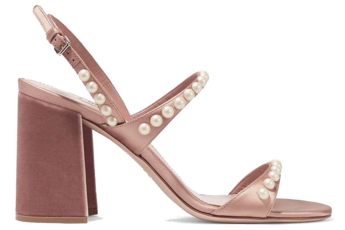 Faux Pearl-Embellished Satin and Velvet Sandals